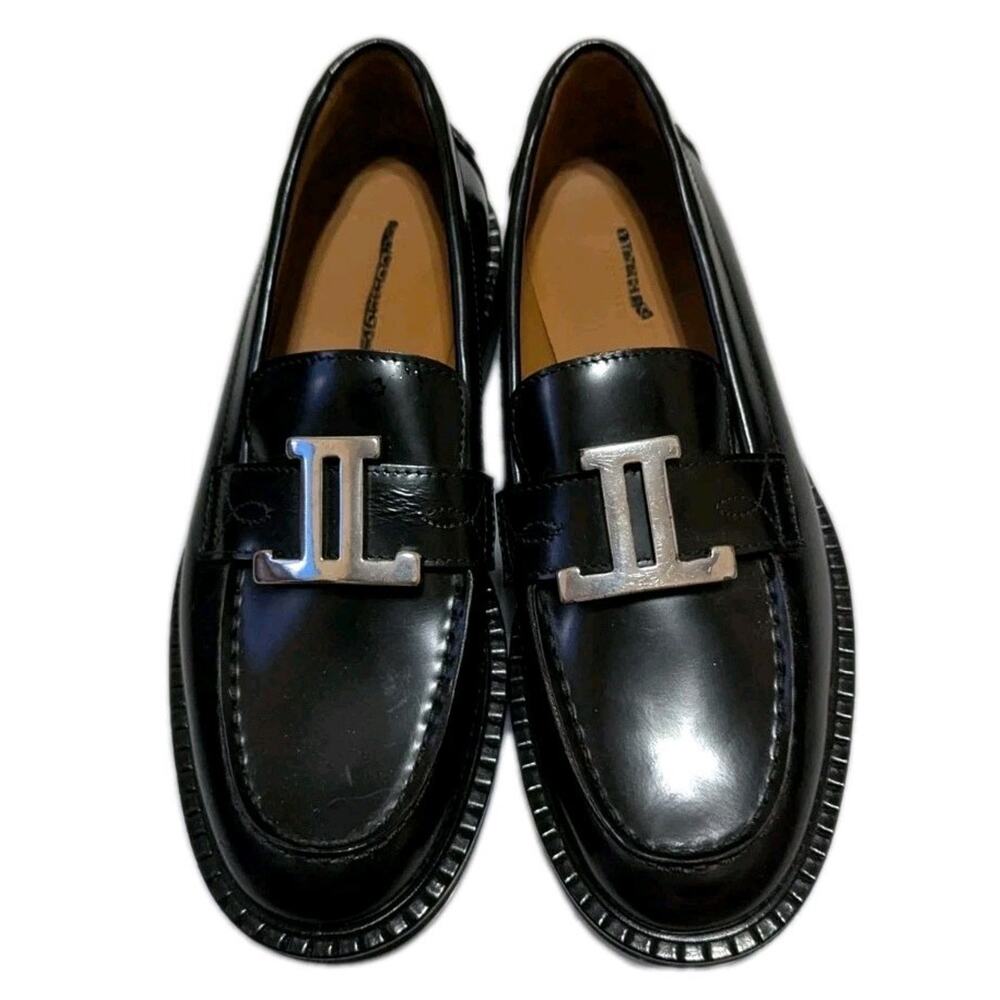 Lucchese Black Leather Loafers Womens 7 Logo Silver Buckle Rare Sample Shoes